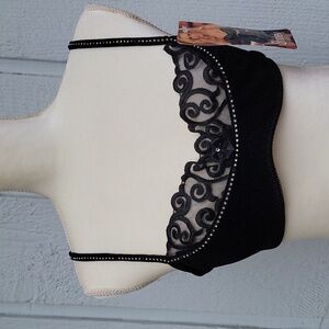 SHIRLEY OF HOLLYWOOD Black Velvet, Lace & Rhinestone Balconette Bra sz 32